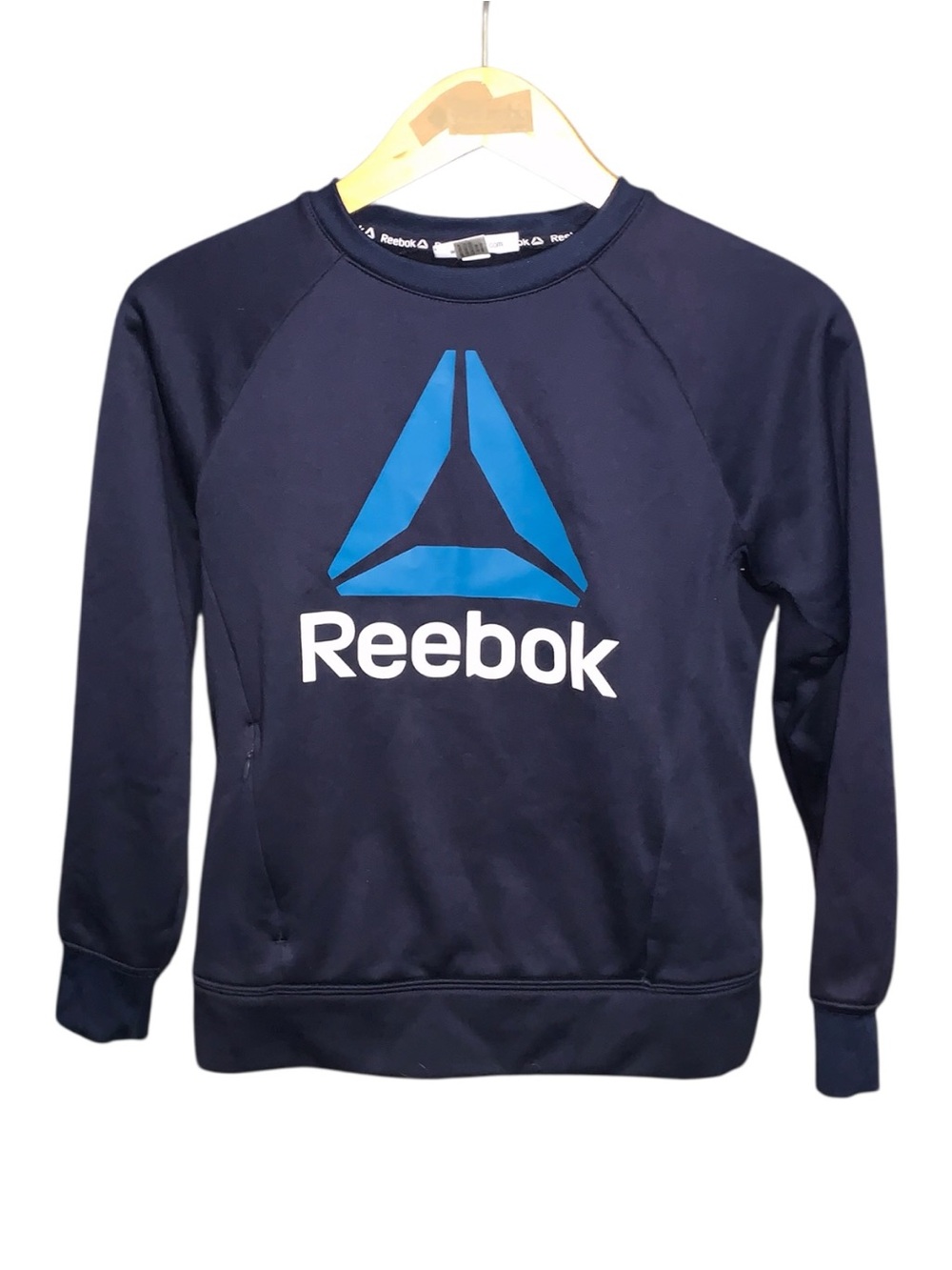 Reebok Boys Blue Crew Neck Sweatshirt With Large Reebok Logo Zip Pocket
